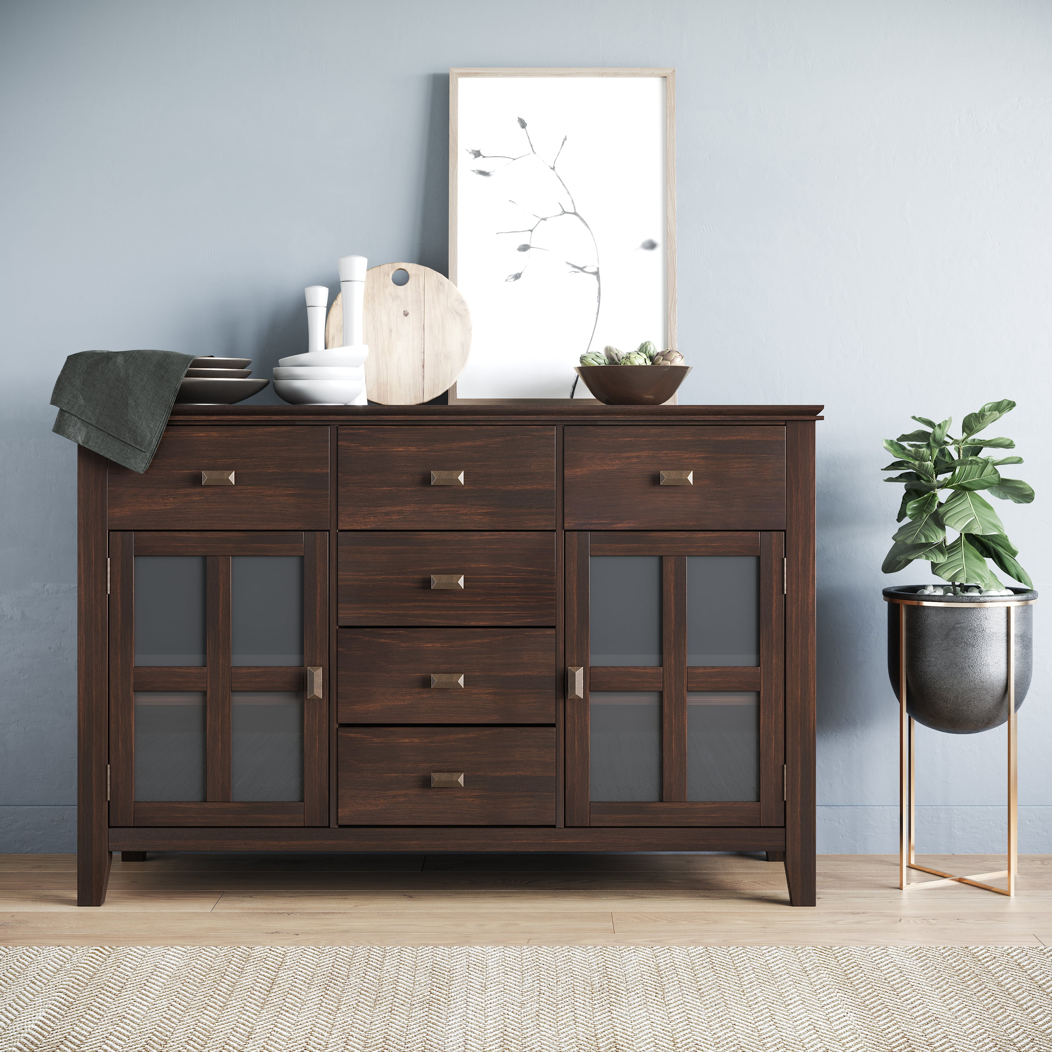 Simpli Home Artisan Solid Wood 54 inch Wide Transitional Sideboard Buffet Credenza in Russet Brown Color Dark Chestnut Brown