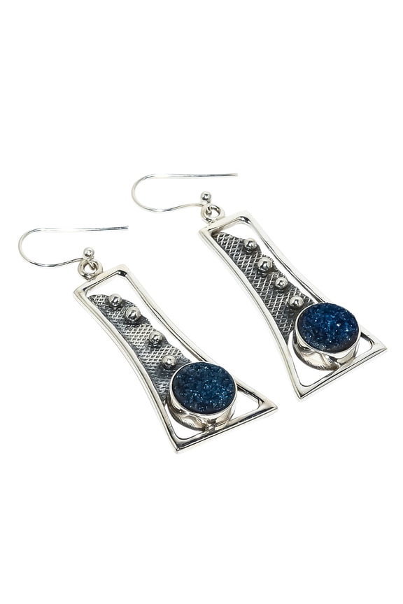 Artisan Titanium Drusy 925 Sterling Silver Earring Size 2.09", Dangle Handmade Earring, Drusy Quartz Earring, Blue Earring, Gemstone Earring