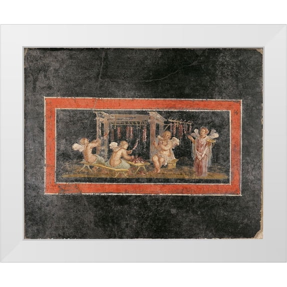 Unknown 1st Century Roman Artisan 32x26 White Modern Wood Framed Museum Art Print Titled - Fresco Fragment with Four Cupids Hanging Garlands