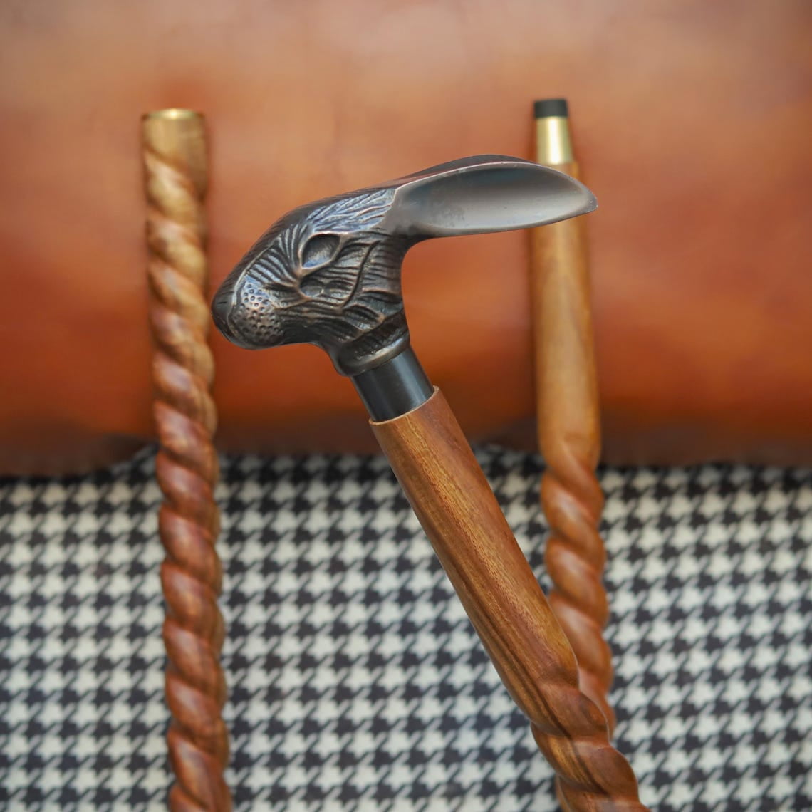 Artisan Walking Cane – Antique Brass Rabbit Head Handle & Spiral Carved ...
