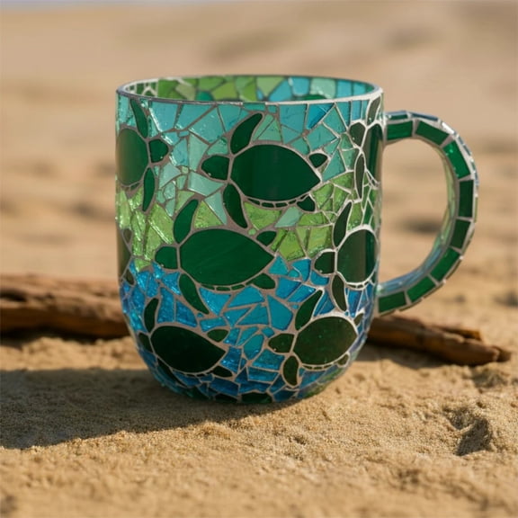 Artisan Wave Pattern Mosaic Glass Coffee Mug - Handblown Coastal Inspired Drinkware for Hot Cold Beverages