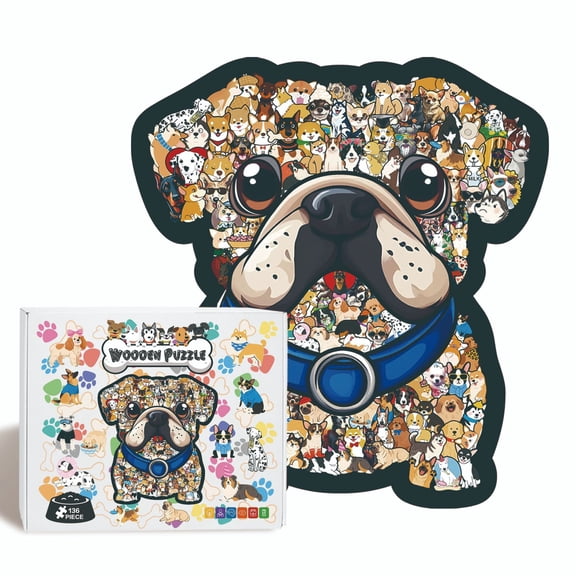 Artisan Wood-Grain Mosaic: Mysterious Whimsical Pug Dog Illustration, Hand-Crafted Wooden Puzzle with Hidden Animal Fragments for Mindful Afternoons, Small Art Display
