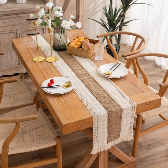 Artisan Woven Linen Cotton Table Runner - Reversible Two-Tone Striped & Diamond Weave with Hand-Knotted Fringe, Natural Farmhouse Decor for Dining Room Sideboard or Coffee Table