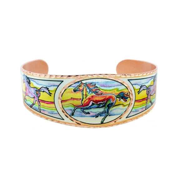Artisan-crafted Alcohol Ink Art of Galloping Horses Cuff Bracelets with Colorful Background Tapered Cuff Open-Ended Copper Bracelets Horse Bracelets