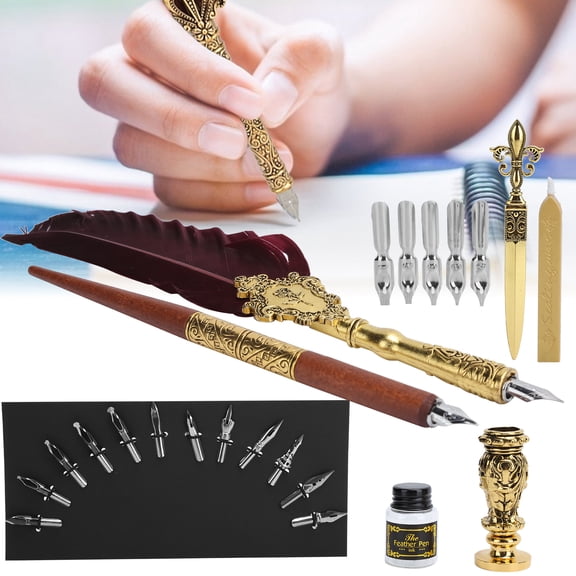 Artisan <span Style="background:red"></span> Quill Pen Set, Includes Wax Seal, Opener  Fancy Nibs, Craft Collection