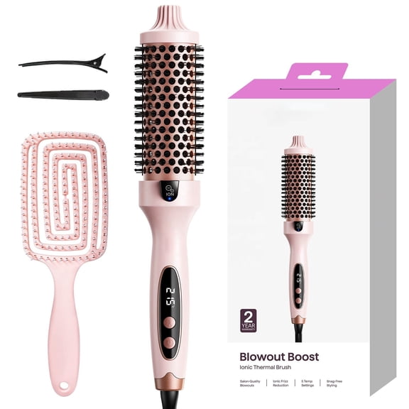 ArtisanCare Professional Ionic Thermal Brush Set for Volumizing Blowouts, Ceramic Round Hair Styler with 5 Temp Settings, Fast Heating Smoothing Paddle Brush for Frizz-Free Shine, Elegant Pink