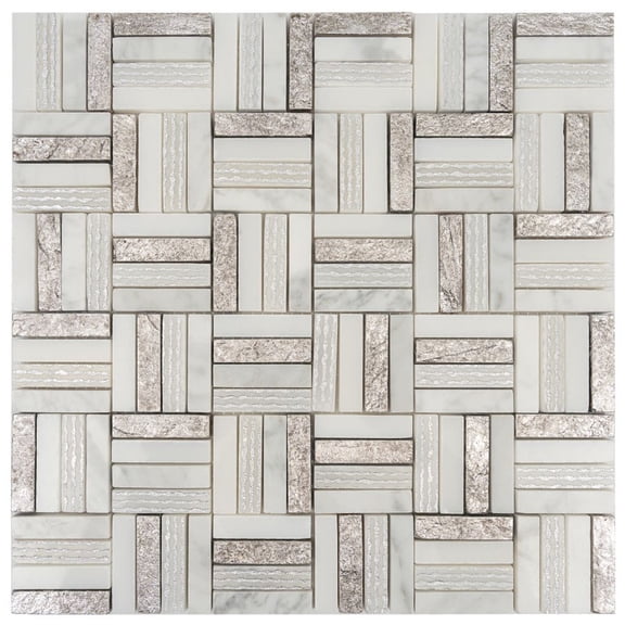 Artisana 12x12 in. Silver White Polished, Textured, Foiled Stone Block Basketweave Mosaic Wall and Floor Tile (4.83 sq ft/case, 5-Pack)