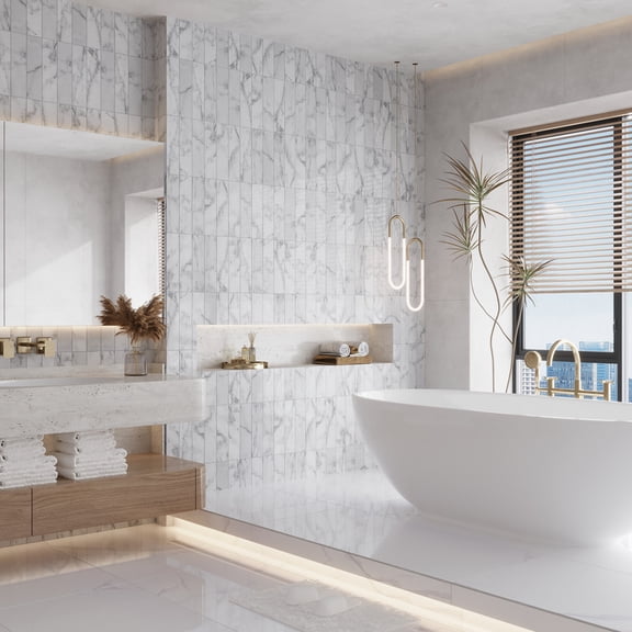 Artisana 3x12 in. White Textured Bianco Carrara Etched Linear Wave Elongated Subway Wall and Floor Tile (5 sq ft/case, 20-Pack)