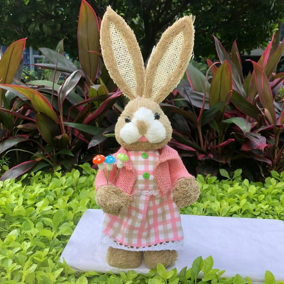 Artisanal 35Cm Straw Easter Rabbit decor, Pink Accented Outfit with Lace detailing, Suitable for Easter Lawn decorations, Spring decorations, Outdoor and Garden Displays and Porch