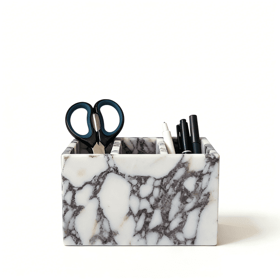 Artisanal Abode Marble Pen Holder, White Stone Rectangular Desktop Organizer, Office Study Makeup Brush Storage, Home Desk Decor, Minimalist Design, Durable Marble Accessory