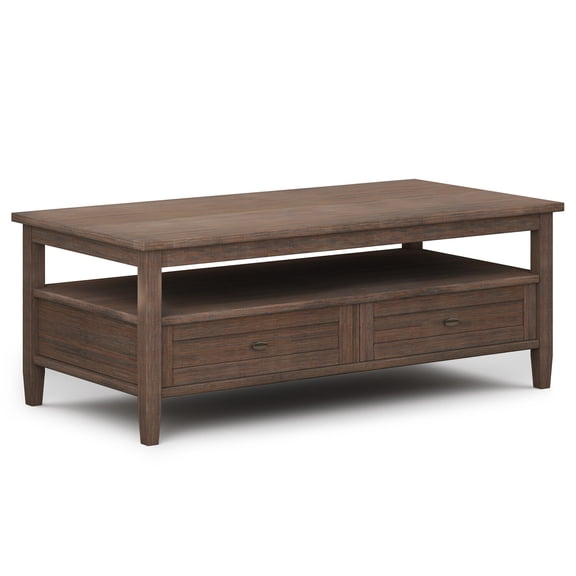 Artisanal Abode Warm Shaker Solid Wood Wide Transitional Coffee Table, Brown Finish, 24 In D x 48 In W x 18 In H, Shaker Design, Storage, Handcrafted Pine