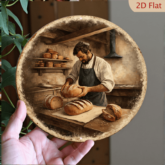 Artisanal Baker Wall Art, Rustic Bakery Scene Round Metal Sign, 8x8 Inch Decorative Aluminum Print for Kitchen Wall Decor