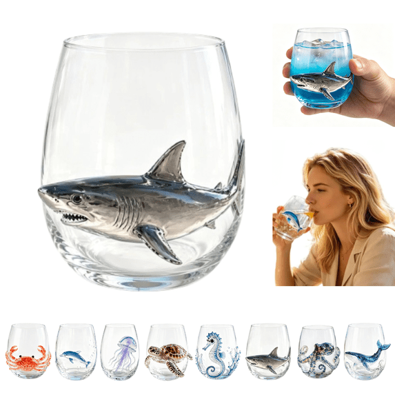 Artisanal Blue Ringed 3D Octopus Glassware, Handcrafted Ocean Tumbler with Tentacle Design, Coastal Home Bar Accessory Gift(Shark)