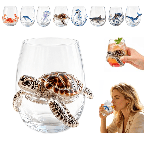 Artisanal Blue Ringed 3D Octopus Glassware, Handcrafted Ocean Tumbler with Tentacle Design, Coastal Home Bar Accessory Gift(Turtle)