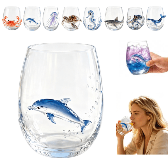 Artisanal Blue Ringed 3D Octopus Glassware, Novelty Drinking Glass with Flat Printed Octopus Design, Borosilicate Tumbler for Cocktails and Beverages, Coastal Home Bar Accessory(Dolphin)