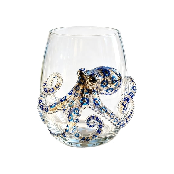 Artisanal Blue Ringed Glassware Drinking Glass, Handcrafted Octopus Pattern Cup, Unique Glass Mug for Home Bar Gift