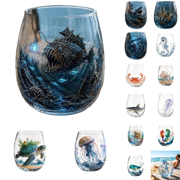 Artisanal Blue Ringed Lanternfish Glassware, 2D Lanternfish Stemless Wine Glasses, Handcrafted Marine Animal Bar Glass, Coastal Home Decor Gifts for Ocean Lovers Home/Office