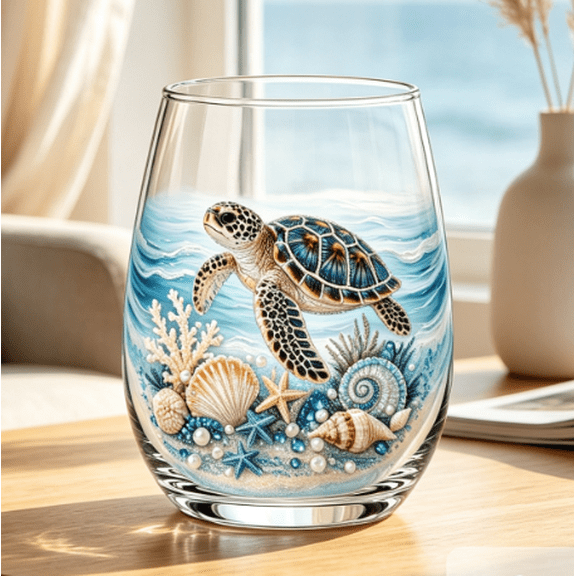 Artisanal Blue Ringed Marine Animal Glassware, Handcrafted Pattern Cup, Unique Glass Mug for Home Bar Gift (Turtle)