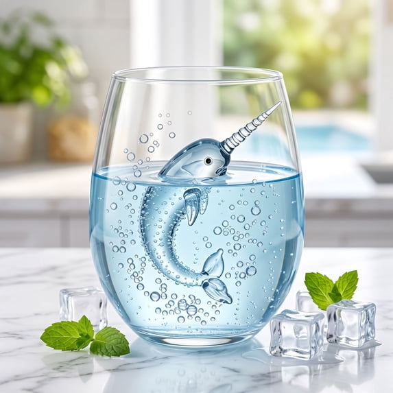 Artisanal Blue Ringed Octopus Glassware,2D Octopuses Stemless Wine Glasses, Handcrafted Marine Animal Bar Glass, Home Decor Gift for Coastal Lovers (Narwhal)
