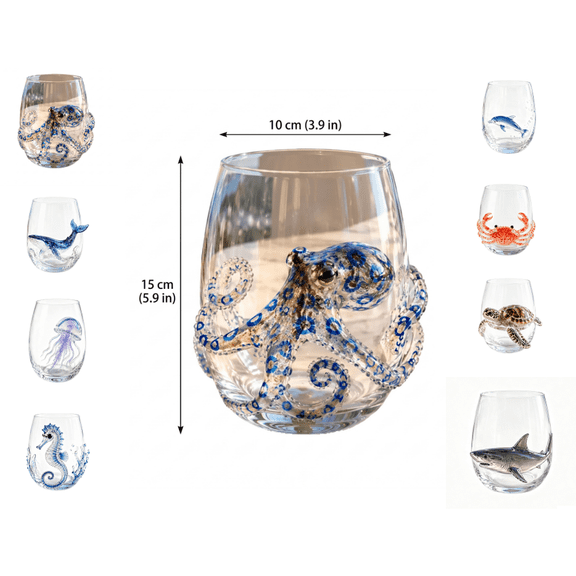 Artisanal Blue Ringed Octopus Glassware, 3D Novelty Drinking Glass with Flat Printed Octopus Design, Borosilicate Tumbler for Cocktails and Beverages, Coastal Home Bar Accessory