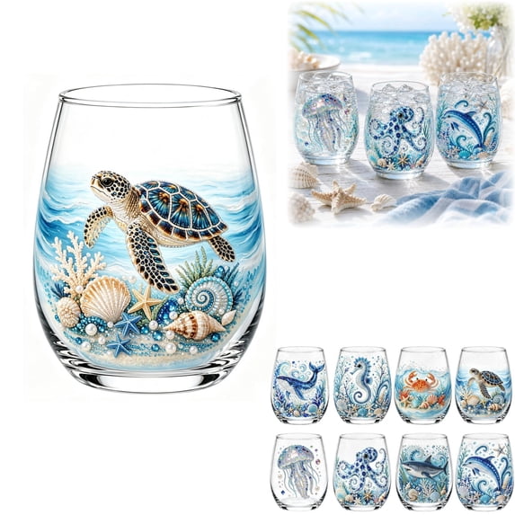 Artisanal Blue Ringed Octopus Glassware,3D Ocean Animal Artisan Glassware Collection,Stemless Wine Glass 15oz,Octopus Drinking Glass,Coastal Decor(F: Turtle)