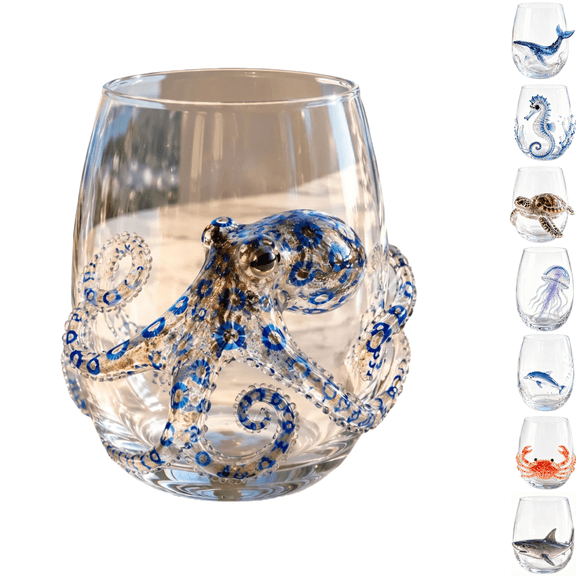 Artisanal Blue Ringed Octopus Glassware, 3D Ocean Octopus Drinking Glass For Coastal Home Bar Accessories, Handcrafted Marine Animal Bar Glass,Unique Gift(Octopus)