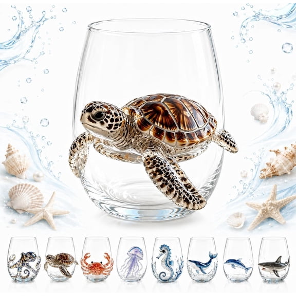 Artisanal Blue Ringed Octopus Glassware, 3D Ocean Octopus Drinking Glass For Coastal Bar Accessories, Unique Gift (Turtle) 12 oz