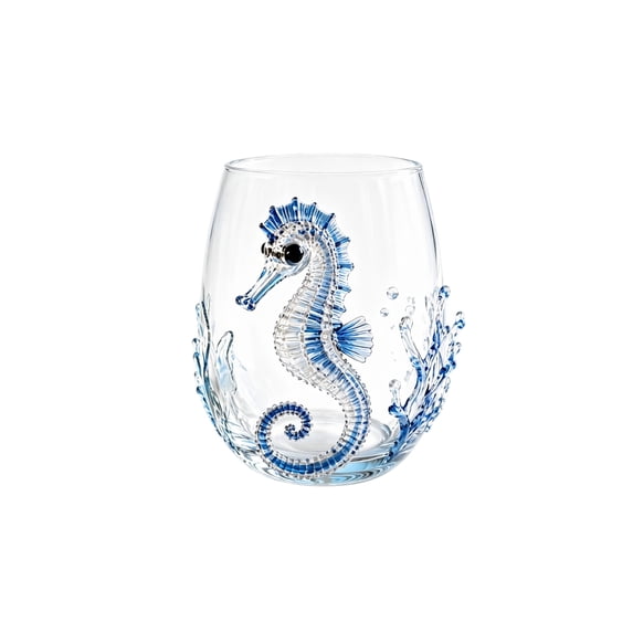 Artisanal Blue Ringed Octopus Glassware, 3D Ocean Octopus Drinking Glass with Sculpted Tentacles, Handcrafted Borosilicate Tumbler for Cocktails and Beverages, Coastal Home Decor(Seahorse)