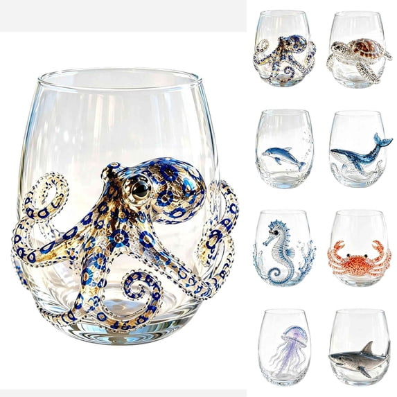 Artisanal Blue Ringed Octopus Glassware 3D Ocean Octopus Drinking Glass Stemless Glasses, Handcrafted Marine Animal Bar Glass, Coastal Home Decor Gift for Ocean Lovers (Octopus)