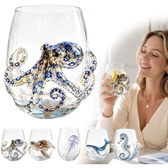 Artisanal Blue Ringed Octopus Glassware - 3D Ocean Octopus Drinking Glass (Style A)