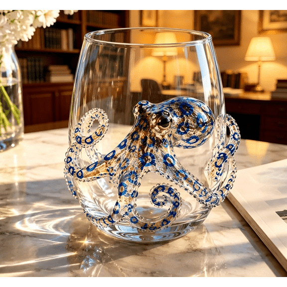 Artisanal Blue Ringed Octopus Glassware - 3D Ocean Octopus Drinking Glass