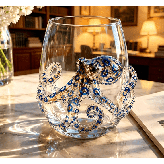 Artisanal Blue Ringed Octopus Glassware - 3D Ocean Octopus Drinking Glass