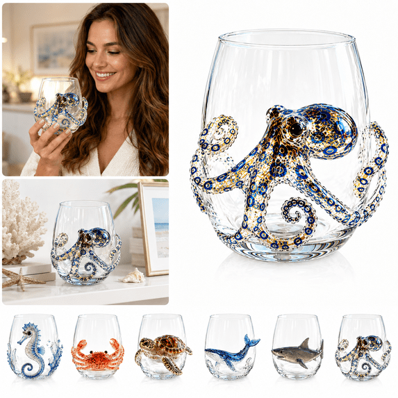 Artisanal Blue Ringed Octopus Glassware, 3D Octopus Wine Glass, Novelty Drinking Glass with Octopus Tentacles for Coastal Home Bar Ocean Lover Gift