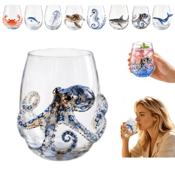 Artisanal Blue Ringed Octopus Glassware, 3D Octopuses Stemless Wine Glasses, Handcrafted Marine Animal Bar Glass, Coastal Home Decor Gift for Ocean Lovers(Octopus)