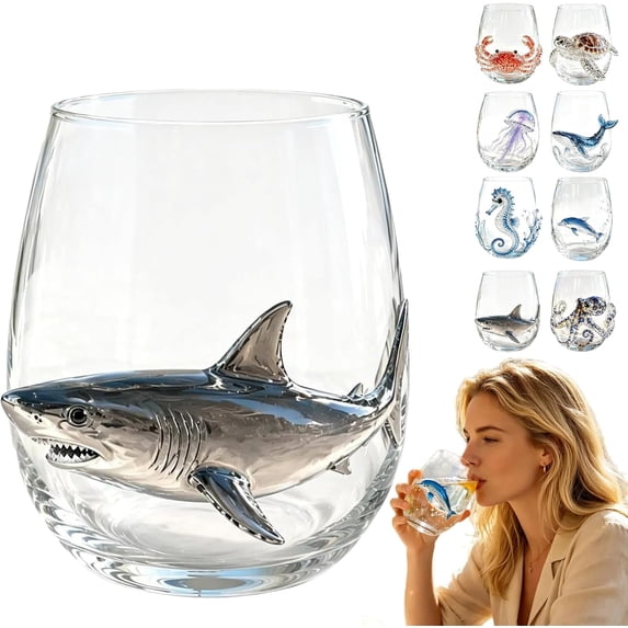 Artisanal Blue Ringed Octopus Glassware, 3D Octopuses Stemless Wine Glasses, Handcrafted Marine Animal Bar Glass, Coastal Home Decor Gift for Ocean Lovers ((Shark)