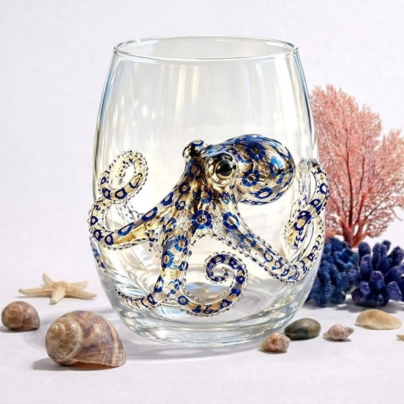Artisanal Blue Ringed Octopus Glassware, 3D Octopuses Stemless Wine Glasses, Handcrafted Marine Animal Bar Glass, Coastal Home Decor Gift for Ocean Lovers
