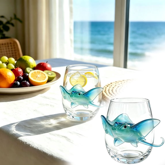 Artisanal Blue Ringed Octopus Glassware, 3D Octopuses Stemless Glasses, Handcrafted Marine Animal Bar Glass, Coastal Home Decor Gift for Ocean Lovers