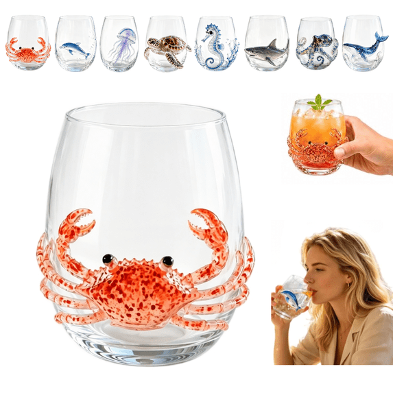 Artisanal Blue Ringed Octopus Glassware, 3D Octopuses Stemless Wine Glasses, Handcrafted Marine Animal Bar Glass for Coastal Home Decor Ocean Lovers(Crab)
