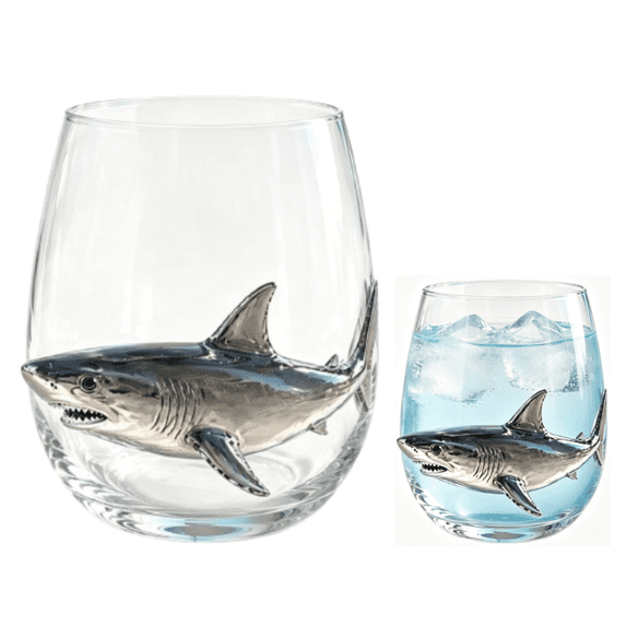 Artisanal Blue Ringed Octopus Glassware, 3D Octopuses Stemless Wine Glasses, Handcrafted Marine Animal Bar Glass for Coastal Home Decor Ocean Lovers(Shark)