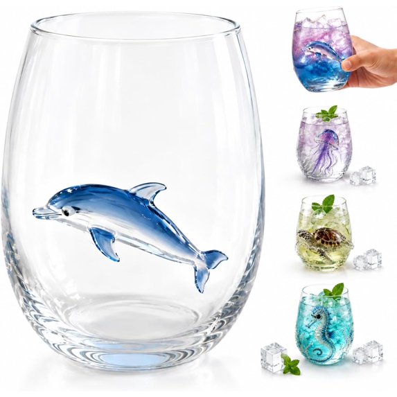 Artisanal Blue Ringed Octopus Glassware, 3D Octopuses Stemless Wine Glasses, Handcrafted Marine Animal Bar Glass for Coastal Home Decor Ocean Lovers