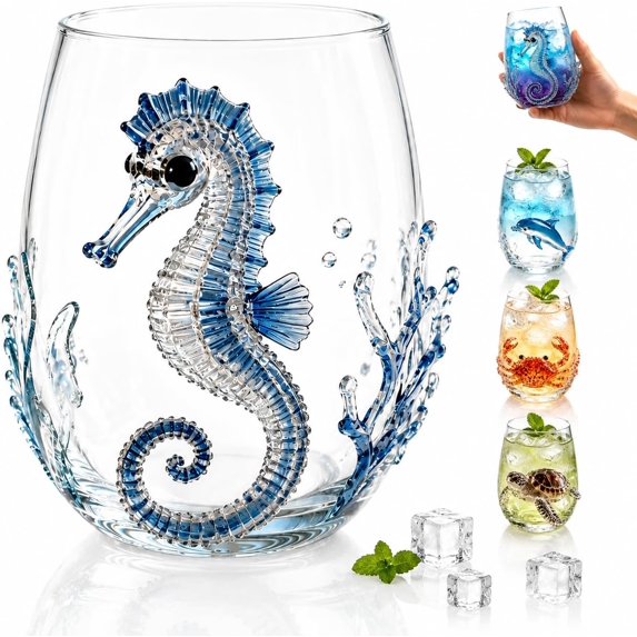Artisanal Blue Ringed Octopus Glassware, 3D Octopuses Stemless Wine Glasses, Handcrafted Marine Animal Bar Glass for Coastal Home Decor Ocean Lovers