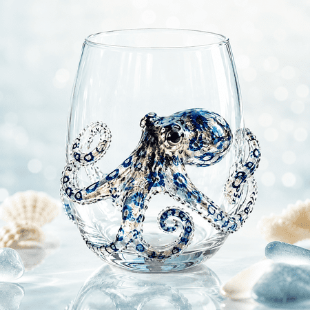 Artisanal Blue Ringed Octopus Glassware, 3D Octopuses Stemless Wine Glasses, Ocean Fantasy Embossed Glass Collection, for Handcrafted Marine Animal Bar, Coastal Home Decor Gift
