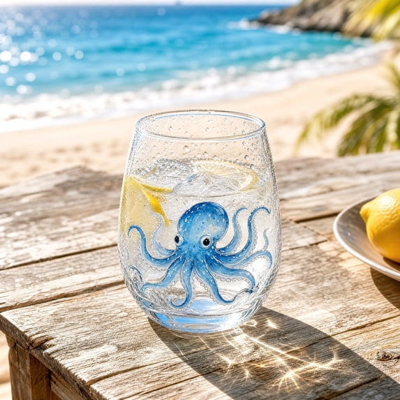 Artisanal Blue Ringed Octopus Glassware, 3D Octopuses Stemless Wine Glasses, Ocean Fantasy Embossed Glass Collection, Handcrafted Marine Animal Bar Glass, Coastal Home Decor Gift (Octopus)