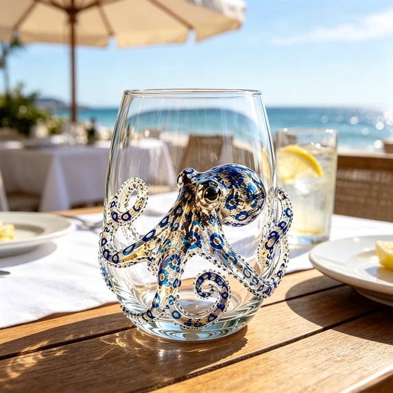Artisanal Blue Ringed Octopus Glassware, 3D Octopuses Stemless Wine Glasses, Ocean Fantasy Embossed Glass Collection, Handcrafted Marine Animal Bar Wine Glass, Coastal Home Decor Gift