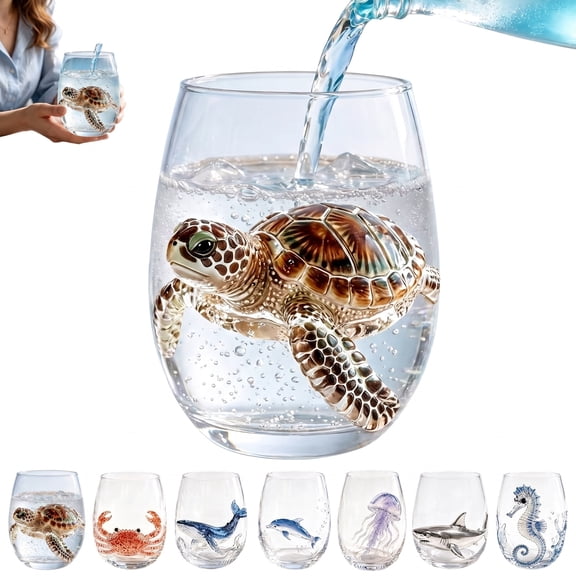 Artisanal Blue Ringed Octopus Glassware, Octopuses Stemless Wine Glasses, Ocean Themed Drinking Glasses, Coastal Home Decor Gift for Ocean Lovers (Sea turtle)