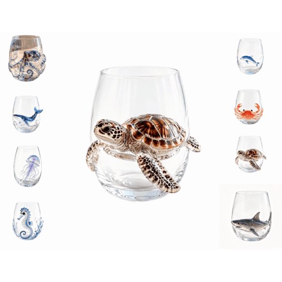 Artisanal Blue Ringed Octopus Glassware, Artisanal Blue Ringed Glassware Drinking Glass, andcrafted Marine Animal Bar Glass, Coastal Home Decor Gift for Sea Lovers(Turtle)