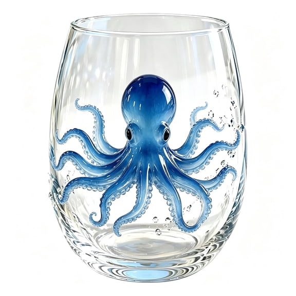 Artisanal Blue Ringed Octopus Glassware, Embossed Octopuses Stemless Wine Glasses, Handcrafted Marine Animal Bar Glass, Coastal Home Decor Gift for Ocean Lovers (Blue Octopus)
