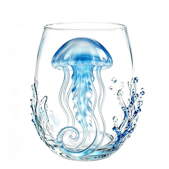 Artisanal Blue Ringed Octopus Glassware, Embossed Octopuses Stemless Wine Glasses, Handcrafted Marine Animal Bar Glass, Coastal Home Decor Gift for Ocean Lovers (Blue Big Jellyfish)