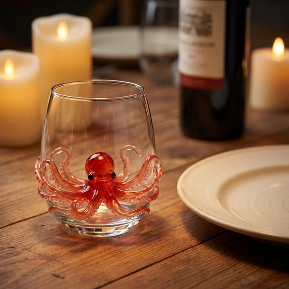 Artisanal Blue Ringed Octopus Glassware, Handcrafted Marine Animal Bar Glass, temless Wine Glasses for Coastal Home Decor Ocean Lovers
