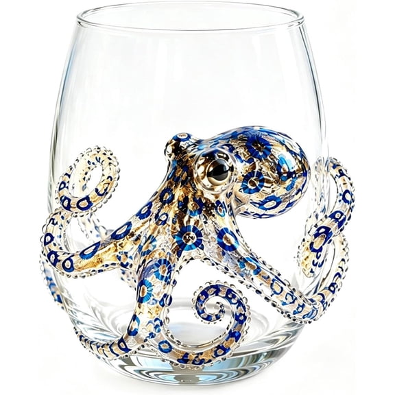 Artisanal Blue Ringed Octopus Glassware, Handcrafted Ocean Tumbler with Tentacle Design, Coastal Home Bar Accessory Gift